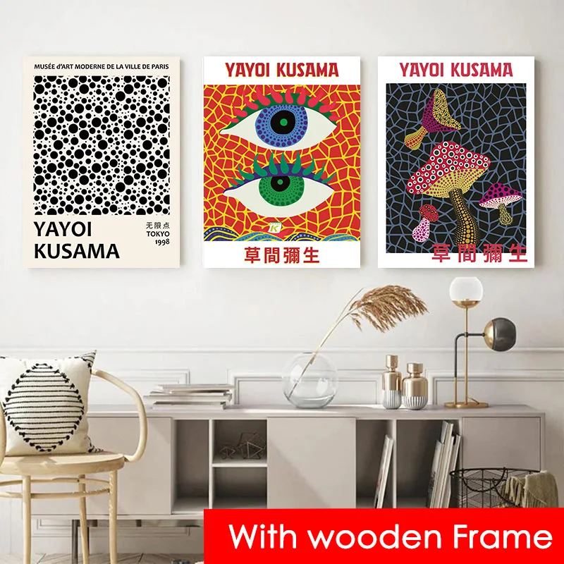 3pcs Japanese Yayoi Kusama Exhibition Poster with Framed Vintage Pumpkin Canvas Painting Living Room Wall Art Picture Home Decor