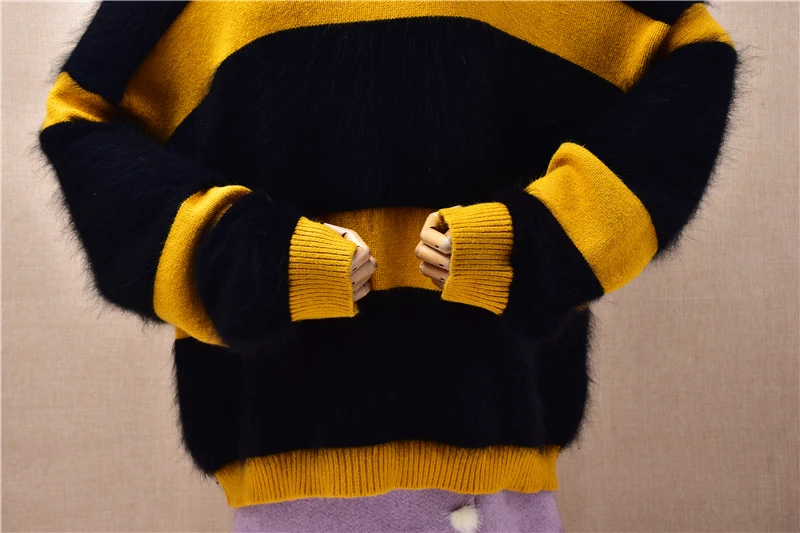 Damen Frauen Herbst Winter Mode Gestreiften Haarigen Nerz Kaschmir Gestrickte Oansatz Langen Ärmeln Lose Pullover Pullover Jumper Pull