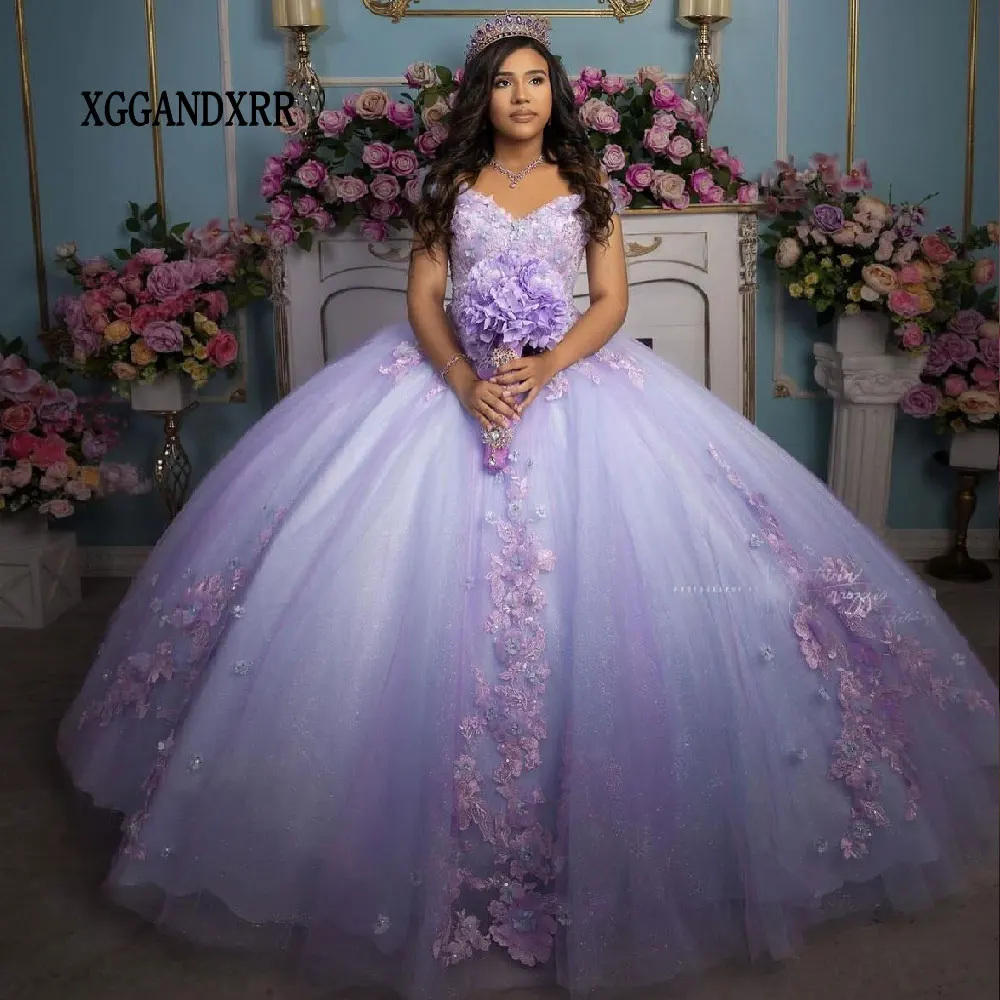 Lilac Puffy Princess Quinceanera Dresses 2024 Vestidos De 15 Años Lace Applique Pageant Girls Sweet 15 16 Birthday Party Formal