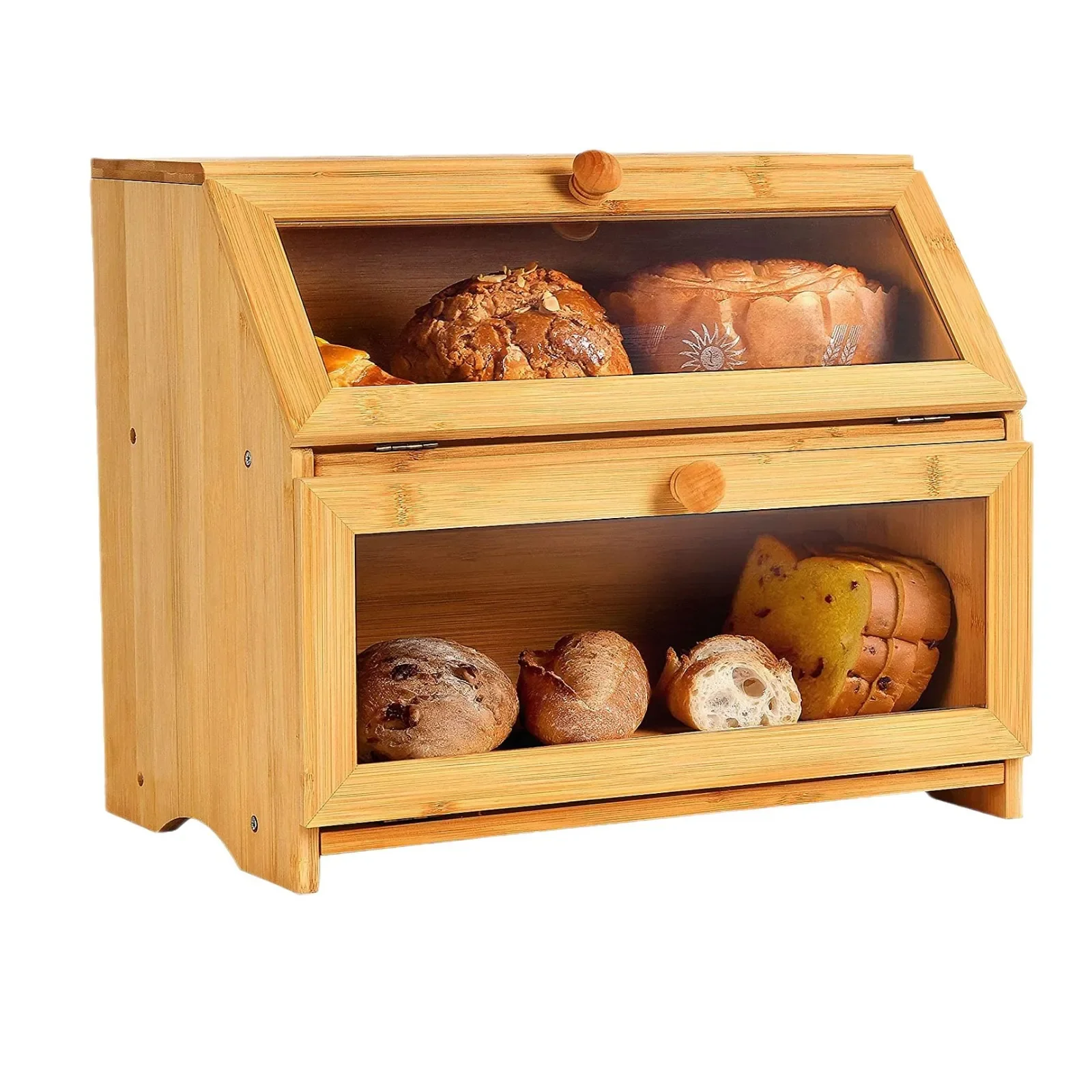 Wooden cake box bread storage box bamboo bread box with transparent glass kitchen