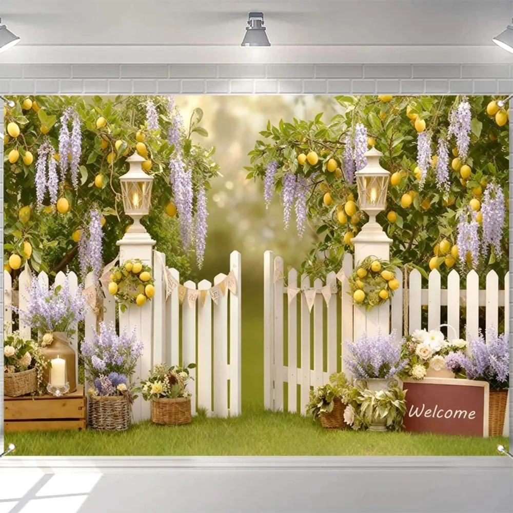 Summer Garden Lemon Tree Fence Flower Theme Banner Decoration Background, Birthday Party, Home Decoration Photography Background