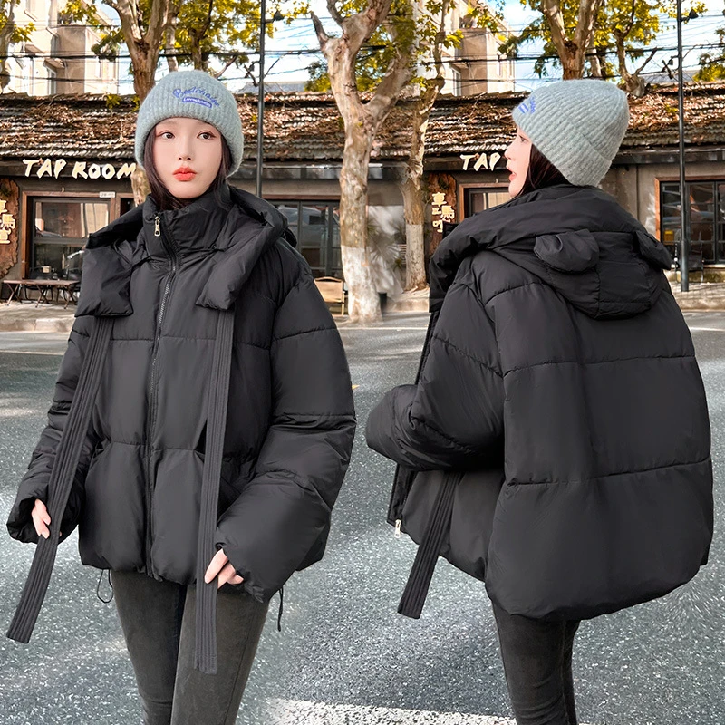 Winter Down Jackets Woman Loose Thick Warm Cotton Coats Detachable Hat Strap Chic Design Long Sleeve Solid Casual Women's Parkas