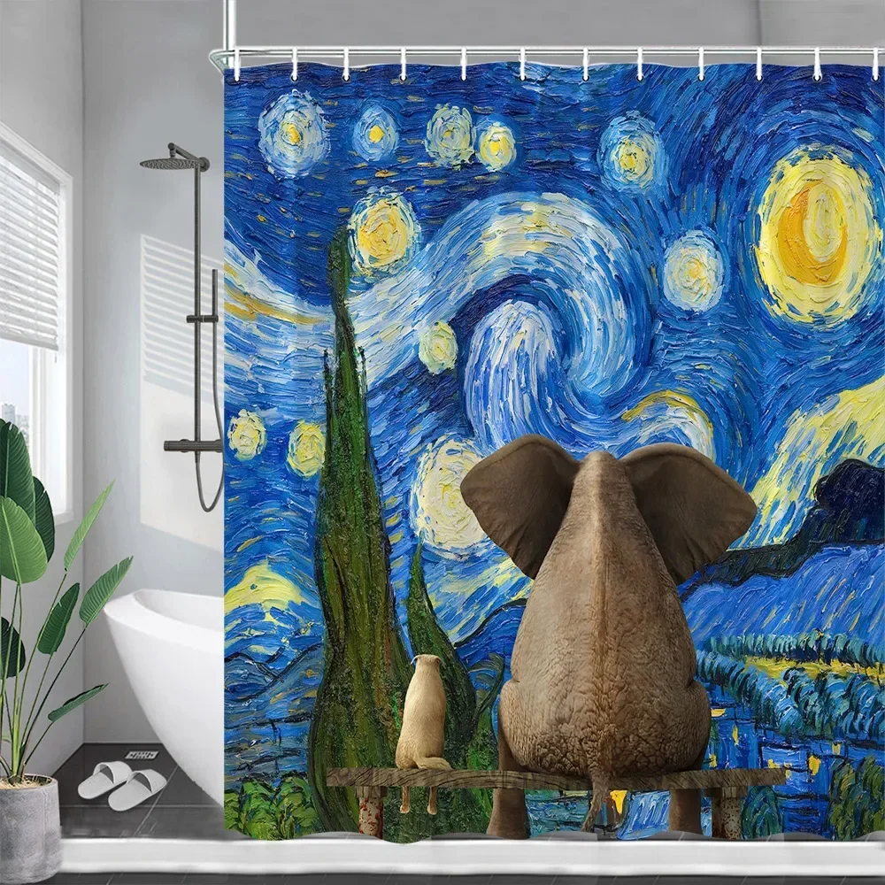 Octopus Shower Curtains Ocean Animals Sailboats Sea Waves Starry Sky Creative Art Polyester Cloth Bathroom Decoration with Hooks