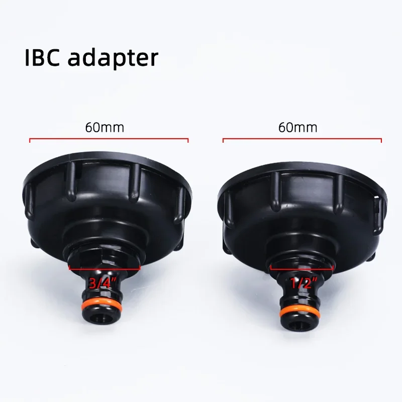 1/2 inch and 3/4 inch IBC tank adapter with 60 mm coarse thread for garden water systems featuring DIN standard male connector d