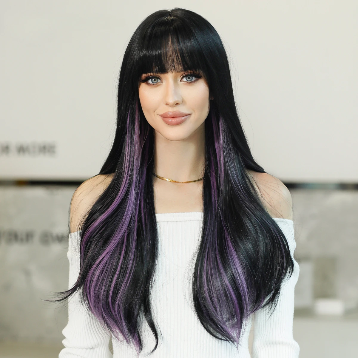 

Long Wavy Dark Green for Women Daily Cosplay Party Highlight Purple Synthetic Wigs