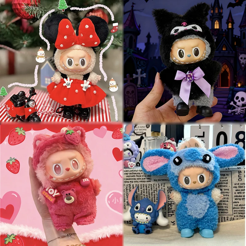 Ubranka dla lalek Labubus 15-17 cm, pluszowy kaptur Mickey Stitch, Sanrio Hello Kitty, Cinnamoroll, Melody, Kuromi, Pochacco, akcesoria, sukienka