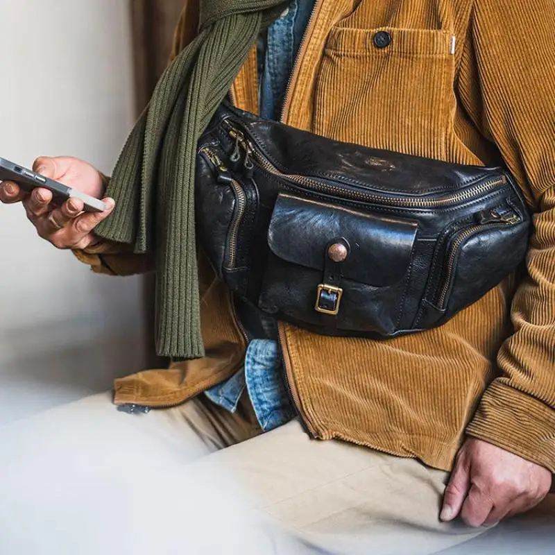 

Organizers designers handmade genuine leather men's chest bag fashion luxury party cow leather multi-pocket sports crossbody bag