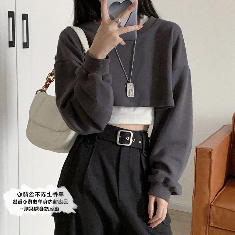 Women 2023 Fall Two Piece Sets Long Sleeve Gray Short Pullover and Casual High Waist Straight Shorts Female Solid Two-piece Suit