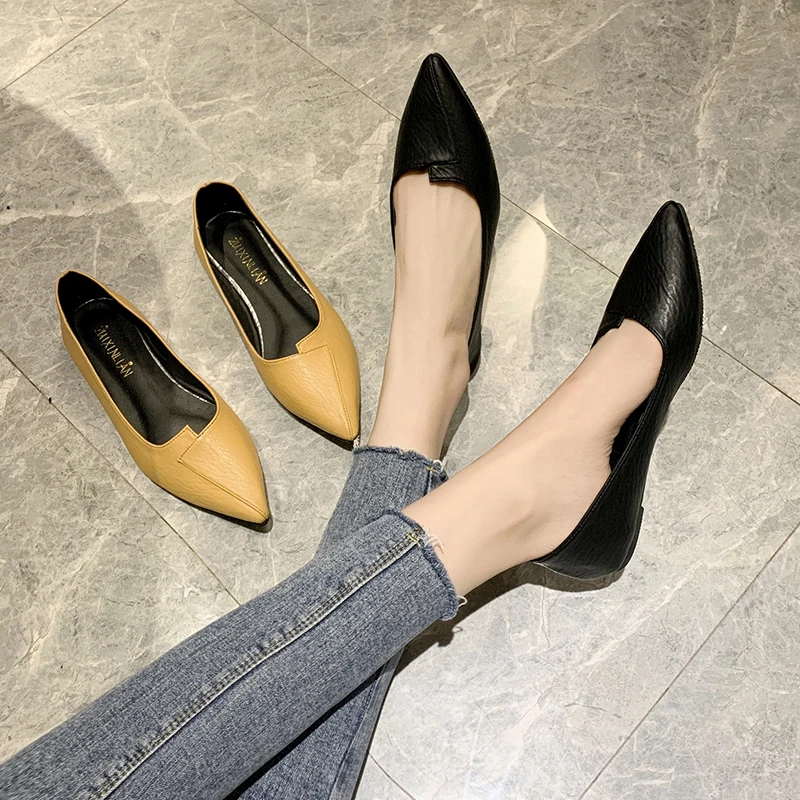 Women Pointed Toe Soft Leather Flat Shoes Shallow Mouth Slip On Office Casual Flats