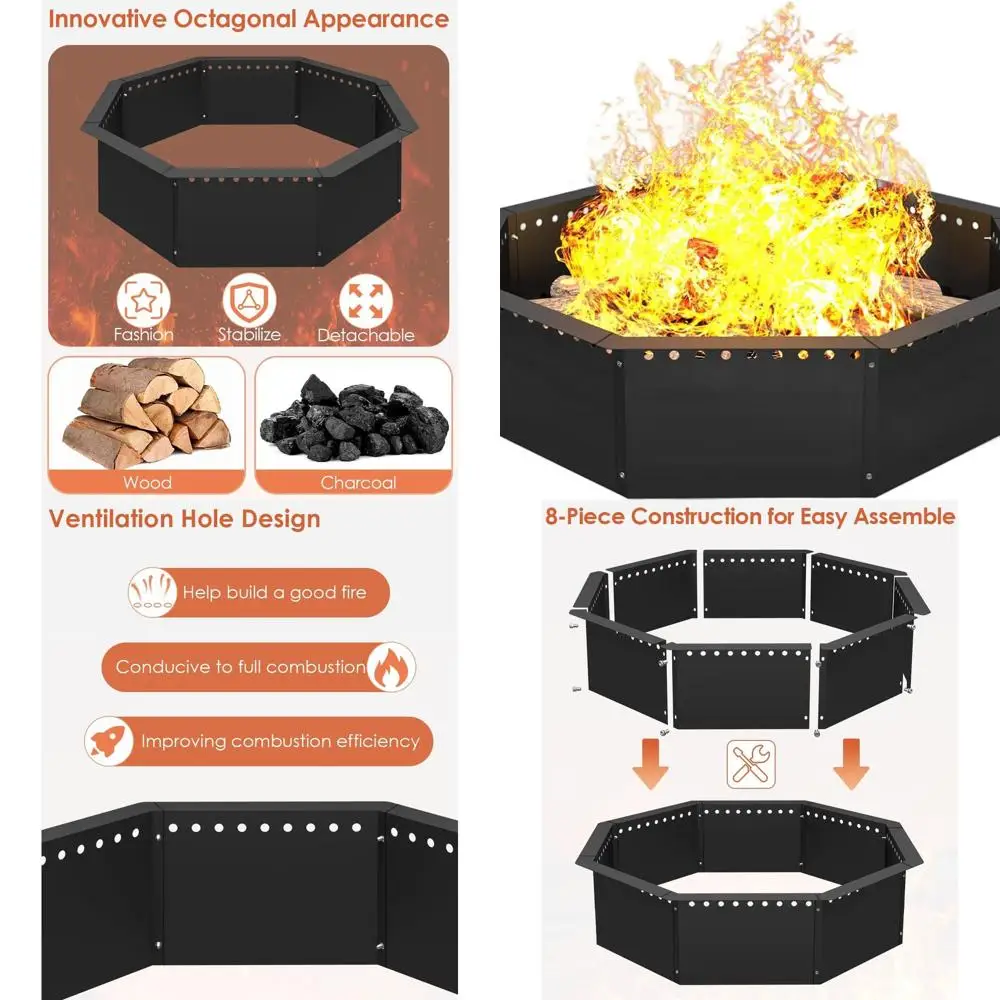 

40 восьмиугольных стальных вкладышей для костра, внутренний диаметр 36, кольцо для костра для выжигания по дереву на открытом воздухе