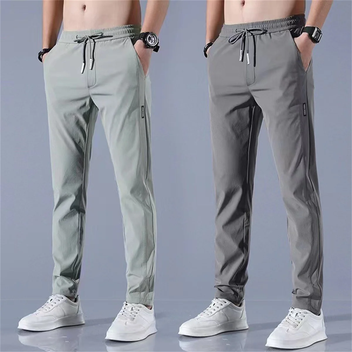 

Ice Silk Men's Pants 2024 Summer New Black Gray Thin Business Casual Pants Outdoor Elastic Breathable Straight Leg Sweatpants