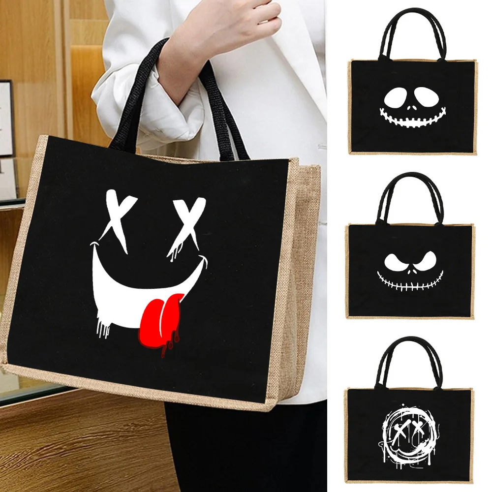 

Women's Shopper Bag Vintage Tote Bags Large Capacity Shoulder Bag Smile Printing Linen Handbag Portable Organizer Pouch