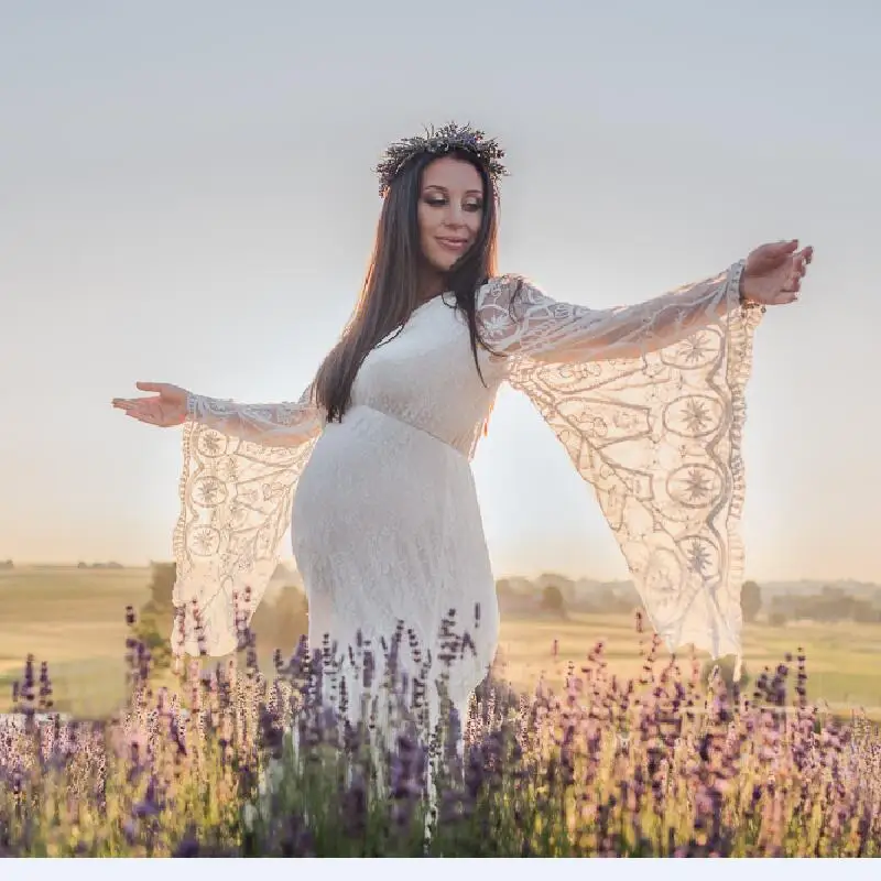 Zwangerschap Uitlopende mouwen Kantborduur Zwangerschapsjurk Fotografie Props Kleding Fotoshoot Maxi-jurk Zwangere vrouwen Jurken