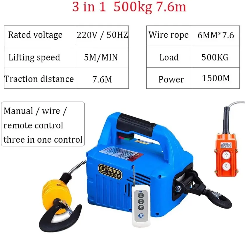 

【Brand New】 500kg 8m Domestic Light D uty Portable 0.5ton Mini Wire Rope Electric Hoist