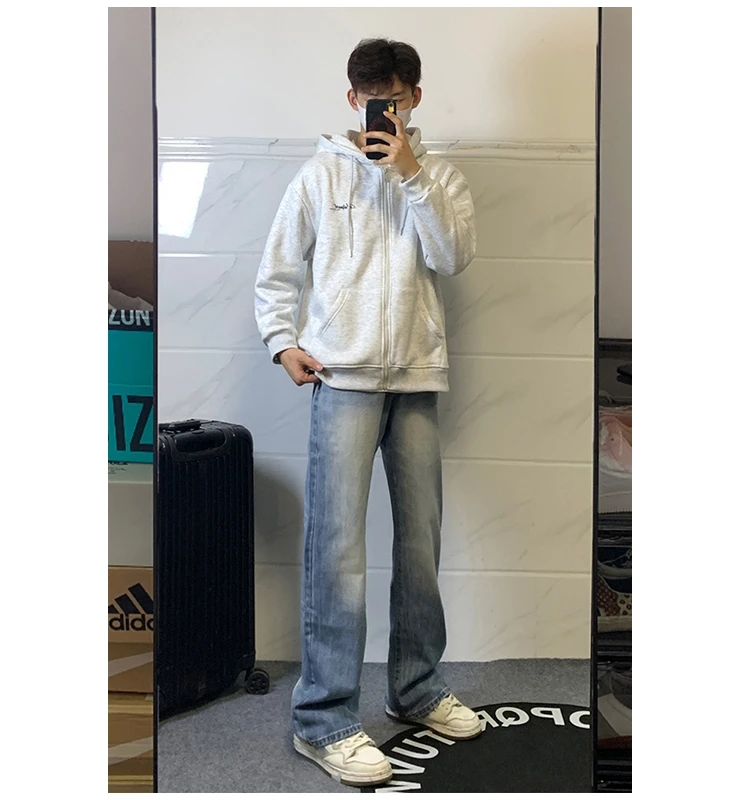 

Light Blue Men's Jeans Spring Autumn Straight Leg Trendy Brand High Waist Zipper Fly Casual Straight Long Pants for Teens