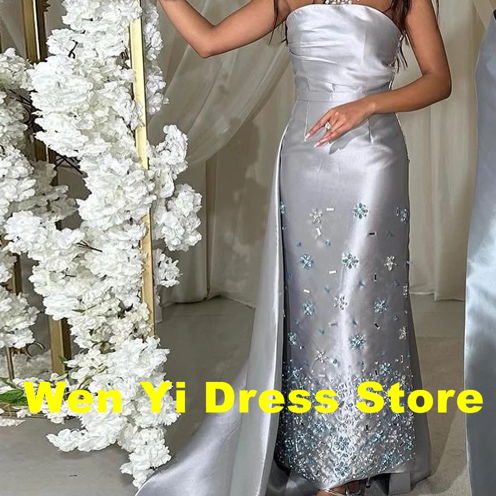 Elegant Luxury Evening Dress 2024 Straight Ankle Length Strapless Satin Sleeveless Crystal Pleats Panel Train Quinceanera Gowns