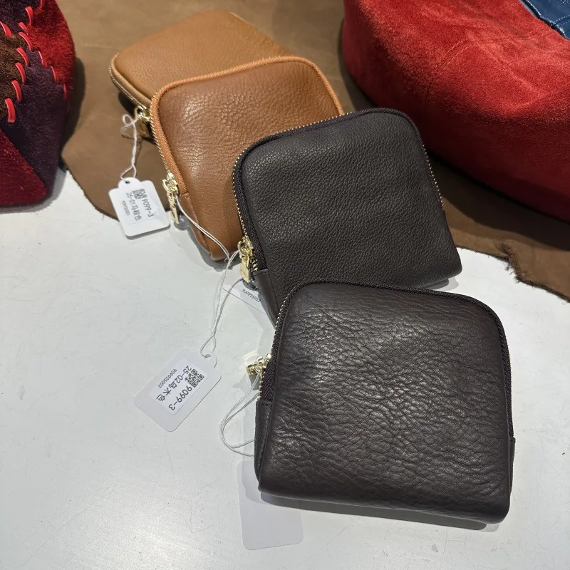 Italian leather zipper bracelet bag， multi-layer cosmetic storage bag， first layer cowhide clutch women's bag
