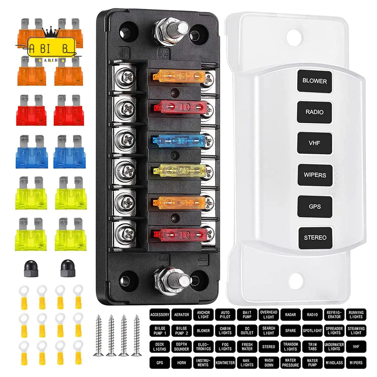 ABIB -6 Way Fuse Block Blade Fuse Box With Negative Bus - ATC/ATO For Boat Yacht Vehicle Auto RV Car Trailer Truck SUV