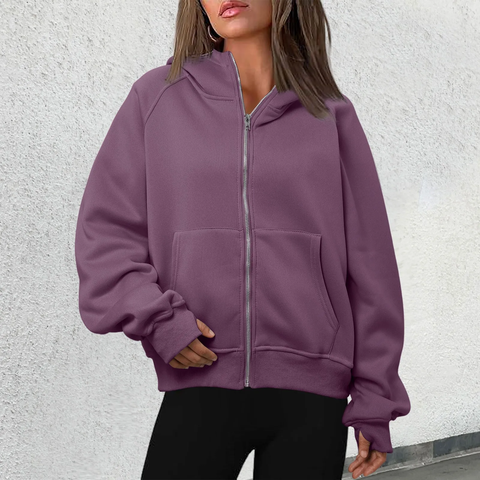 

Autumn and Winter Women's Loose Hoodies Solid Color Simplicity Hooded Cardigan Zipper Sweatshirt Long Sleeve Casual Coats