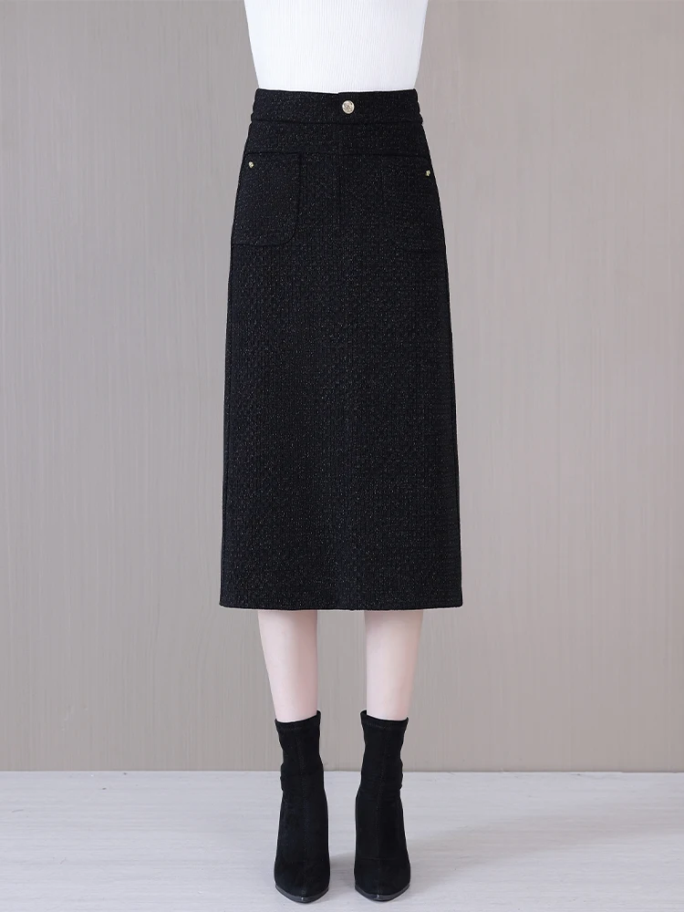 

Elegant High Waist A-Line Skirt for Women Autumn Winter New Style Elastic Waist One Step Split Straight Cut Bodycon Skirt