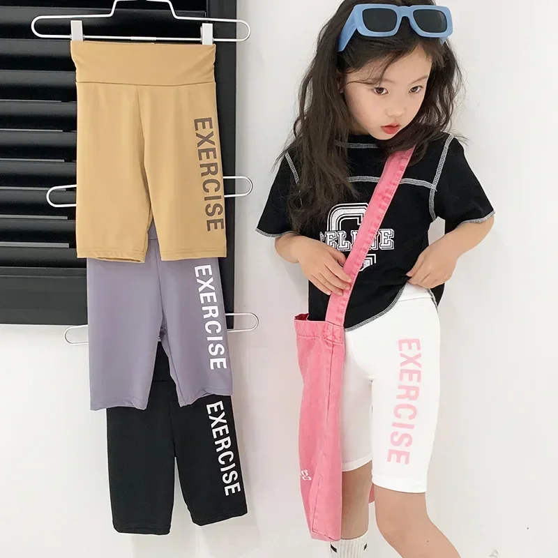 Girls Shorts Teenagers Letter Print Bottom Leggings Kids Knee Length Five Pants Summer 2 To 12Years Children\'s Bicycle Trousers