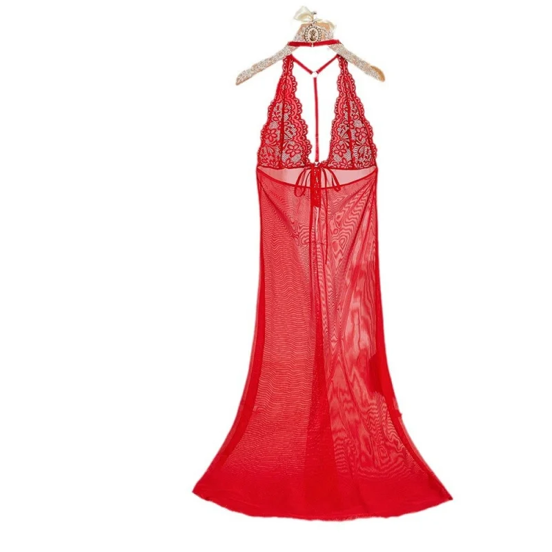 

2 Pieces Western Sexy Lace See Through Long Gown Thong For Women Female Ladies Charming Alluring Erotic Lingerie Nightwear Set