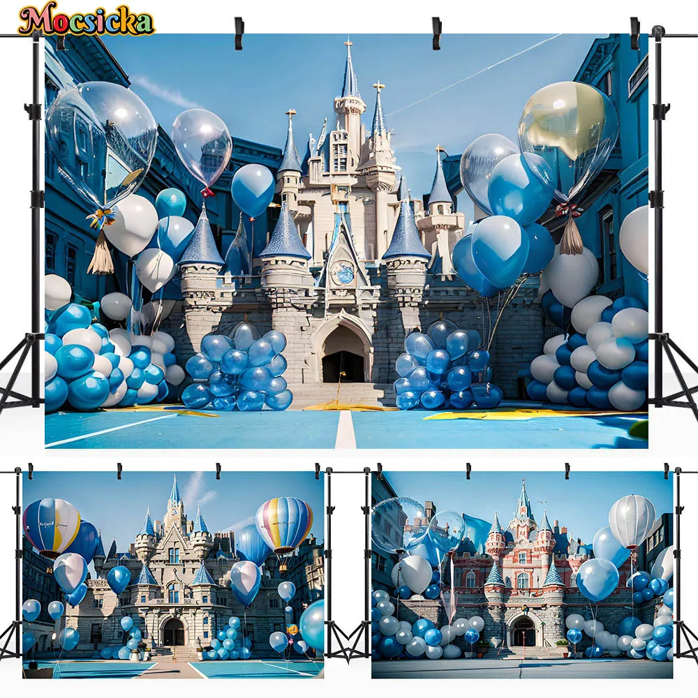 

Mocsicka Child Photography Background European Castle Blue Balloon Wedding Decor Baby Kids Portrait Photo Backdrops Studio Props