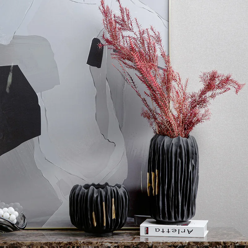Resin Vase Black Gold Crease Texture Abstract Resin Craft Ornament Flower Arrangement Accessories Home Decoration Vases Pots