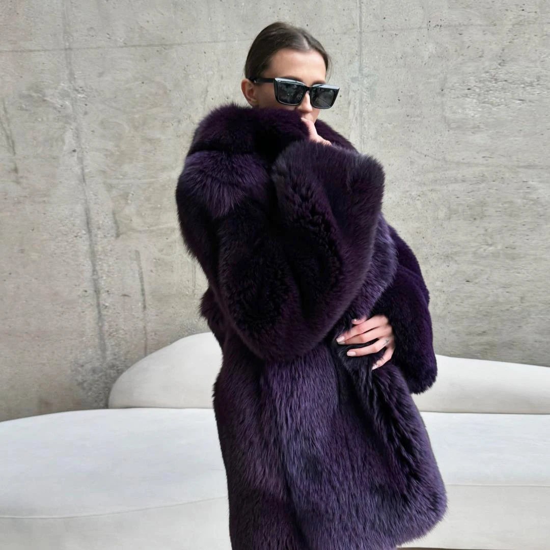 Winter Luxury Woman Genuine Natural Fox Fur Lapel Coat Lady Fashion Elegant Real Fur Thick Overcoat