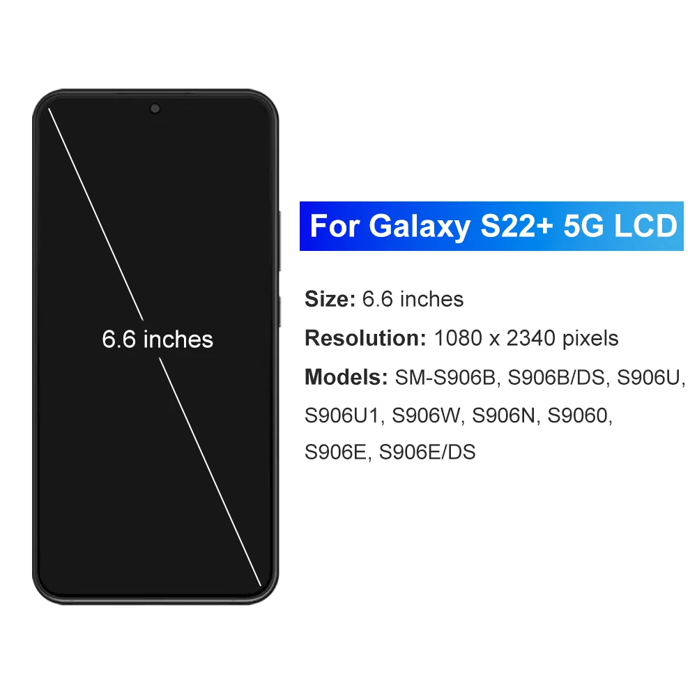 S22 Plus 5G Super AMOLED Screen Assembly for Samsung Galaxy S22+ 5G S906B S906B/DS LCD Display Touch Screen Digitizer with Frame