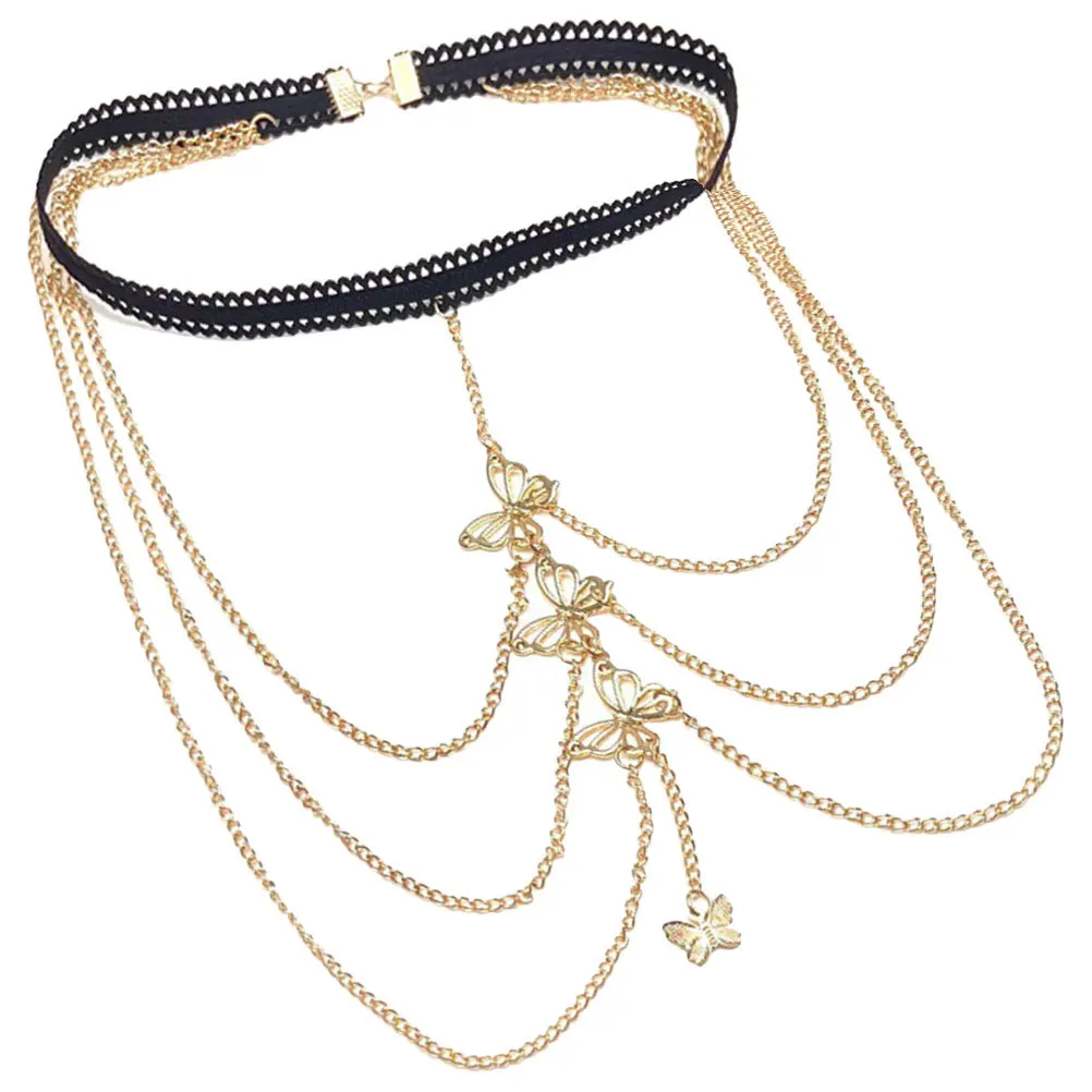 Corrente elástica sexy para coxa, joias multicamadas para pernas, borboletas, corrente corporal, boate, festival, festa, correntes corporais para mulheres