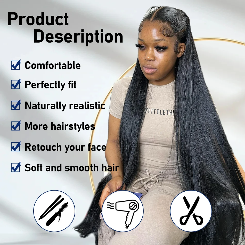 250Density Brazilian Bone Straight 13x4 Lace Front Human Hair Wigs For Women 30 38 Inch 13x6 Transparent Lace Frontal Wig