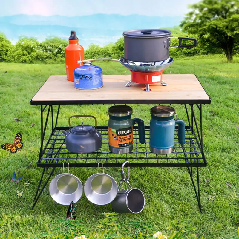 Outdoor Camping Bamboo Wood Folding Bbq Grill Table  Metal Mesh Folding Camping Iron Mesh Table