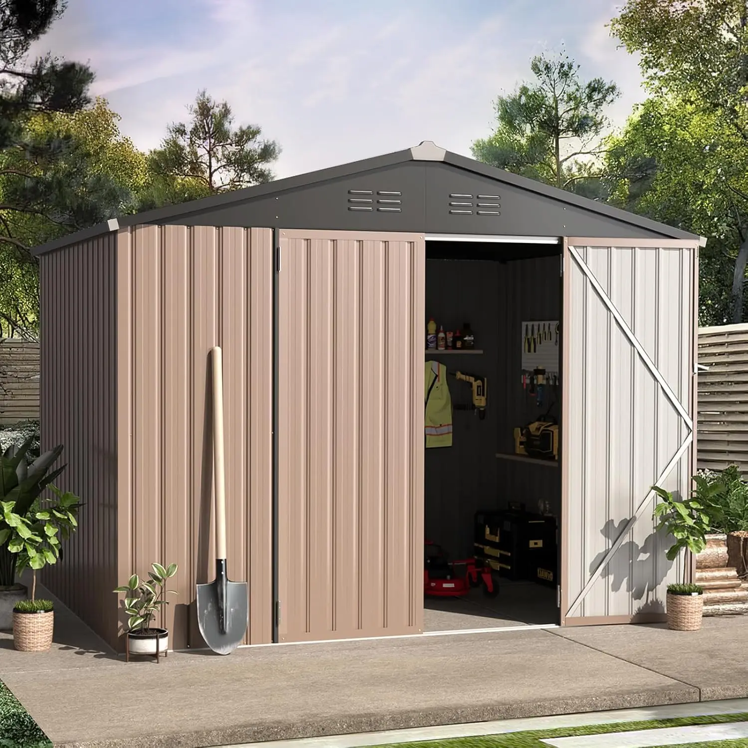 8' x 6' Outdoor Storage Shed for Backyard, Garden, Patio - Steel, No Color Specified, Lockable Doors, Utility and Tool Storage