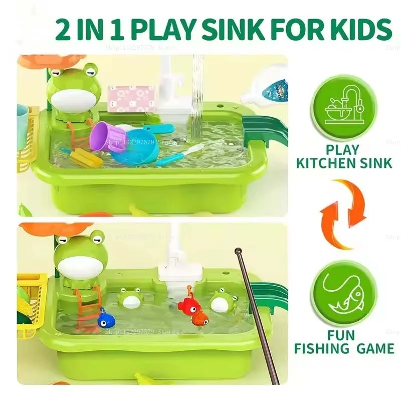 Nuovi bambini rana lavello da cucina Playset pesce lavastoviglie elettrico con giocattolo da corsa acqua finta cibo pesca gioco di ruolo regali di compleanno
