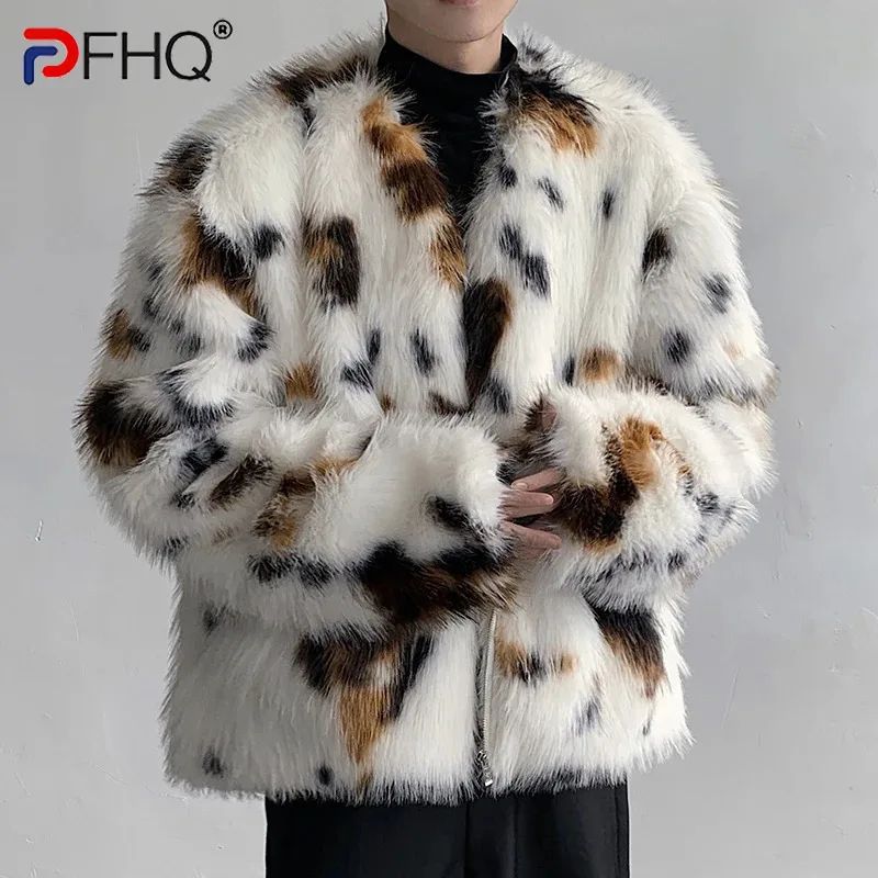 PFHQ New Male Spotted Faux Fur Warm Short Cotton Coats Personalized Men's Contrast Color Thick Zipper Collarless Jackets 9C3606