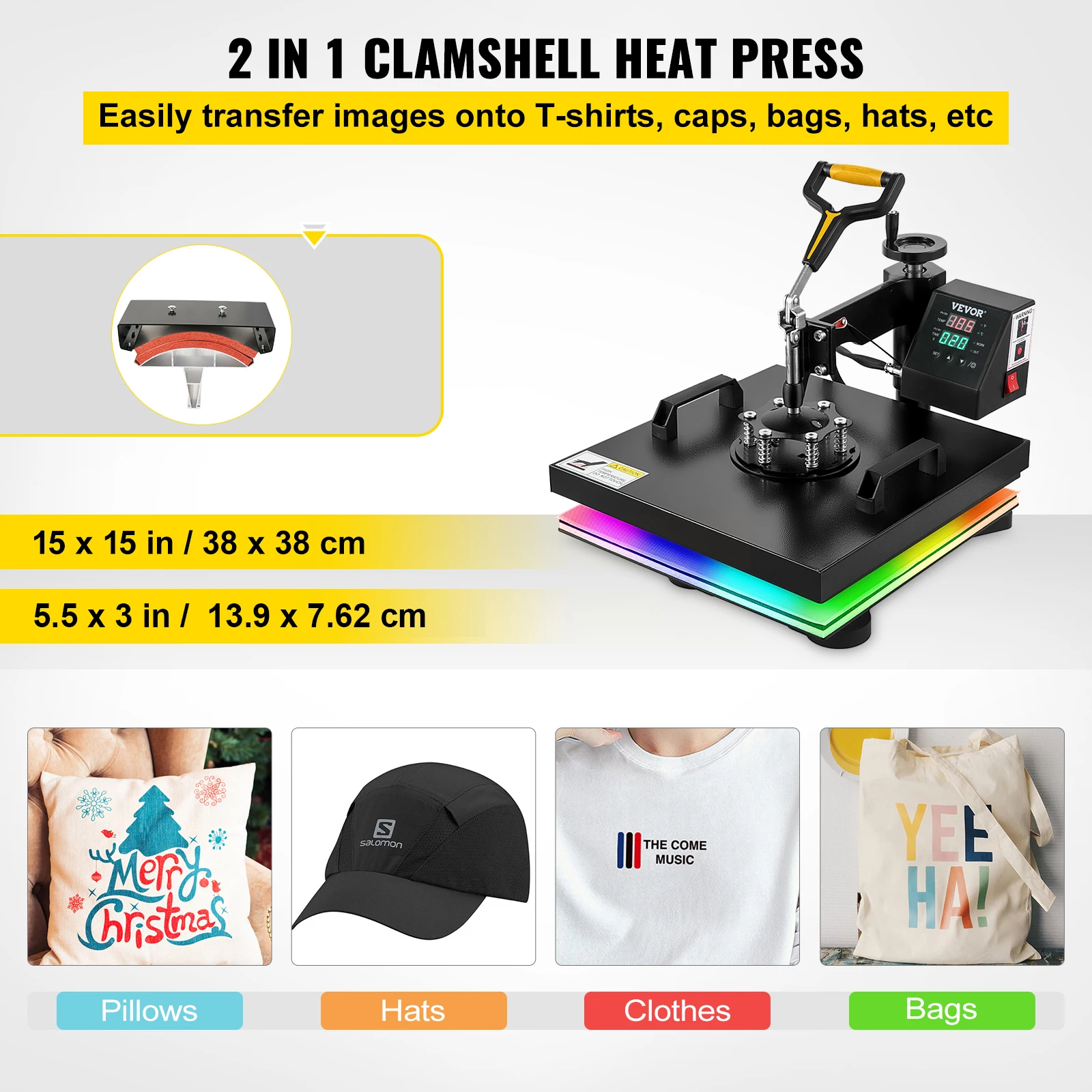 VEVOR 2IN1 Heat Press Machine 15x15/10x12in Clamshell Sublimation Transfer Printer w/Teflon Coating Powerpress DIY T-shirt Cap