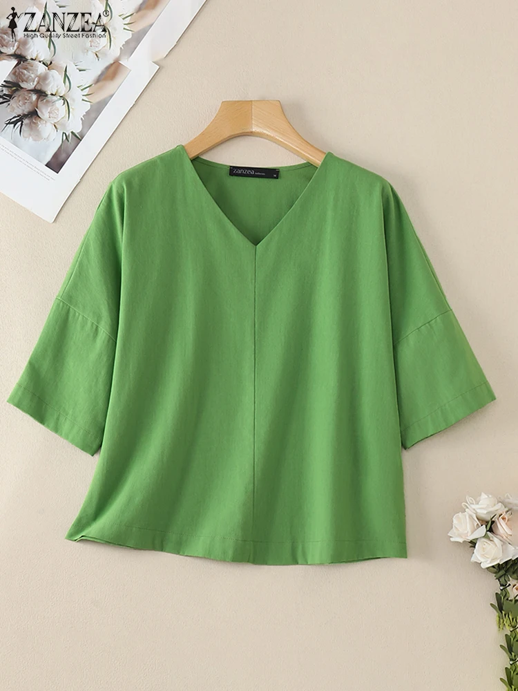 

ZANZEA 3/4 Sleeve Women's Blusas Mujer Casual Everyday Wear V Neck Solid Color T-shirts 2025 Summer 100% Cotton Vintage Blouses