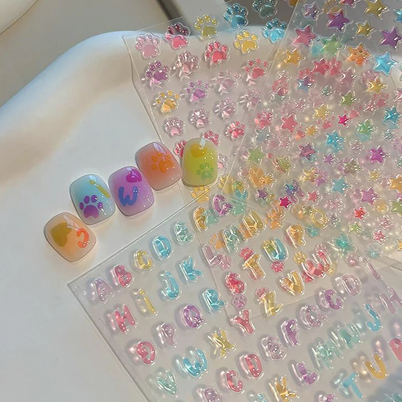 Jelly Style Love Nail Stickers Ice Transparent Colorful Super Cute Versatile Cat Paw Five Pointed Star Nail Back Adhesive Tape