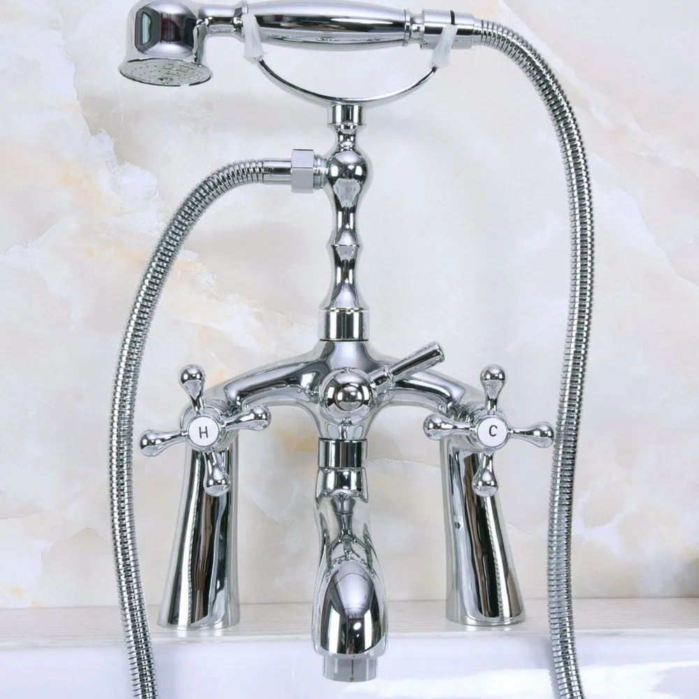 

Polished Chrome Brass Clawfoot Bath Tub Faucet with Handshower - Deck Mount ana120