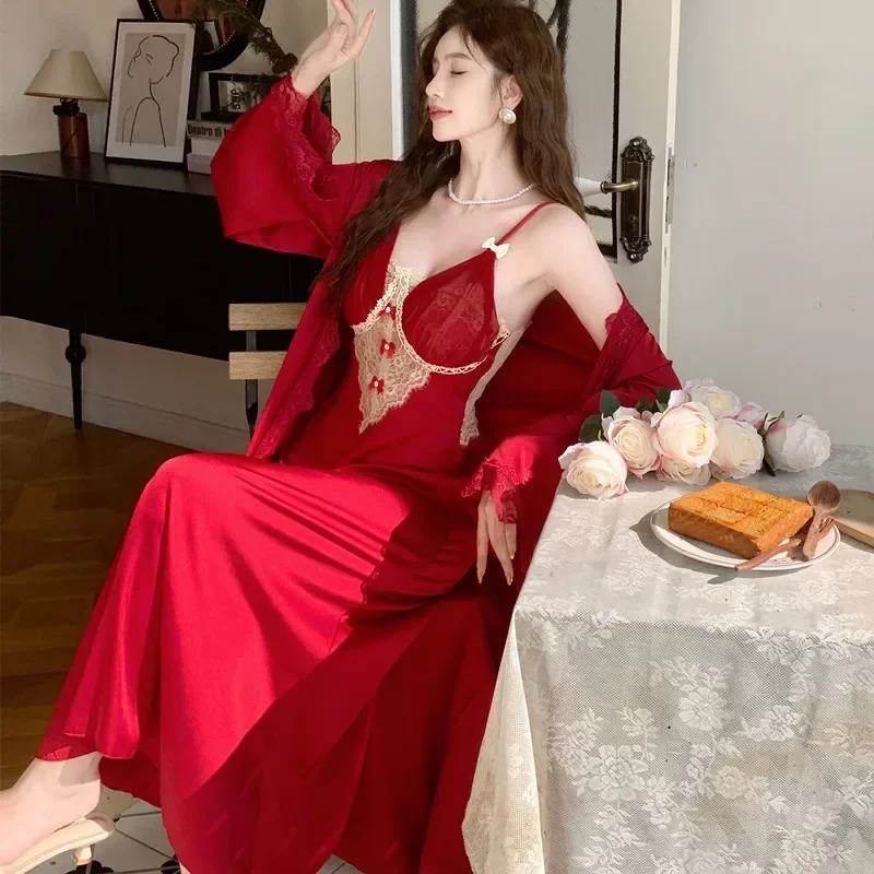 Sexy Solid Color Peignoir Fairy Women Satin Nightdress Two Pieces Romantic  Princess Sleepwear Summer Sweet Ice Silk Robe Sets