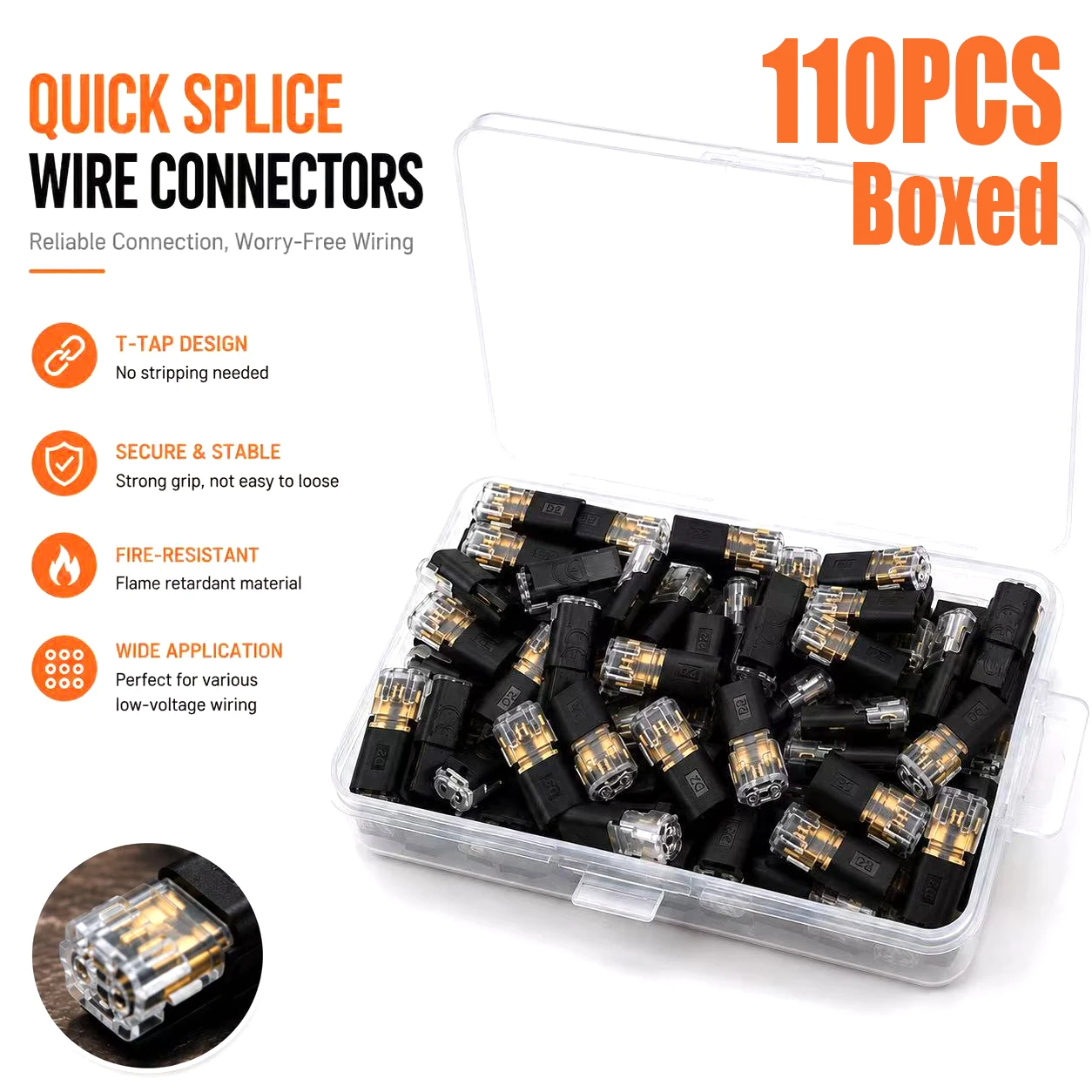 110pcs Boxed wire connect terminal connector, 2-pin Bidirectional Plug-in Cable Buckle Connector DC Lock Cover Suitable LED