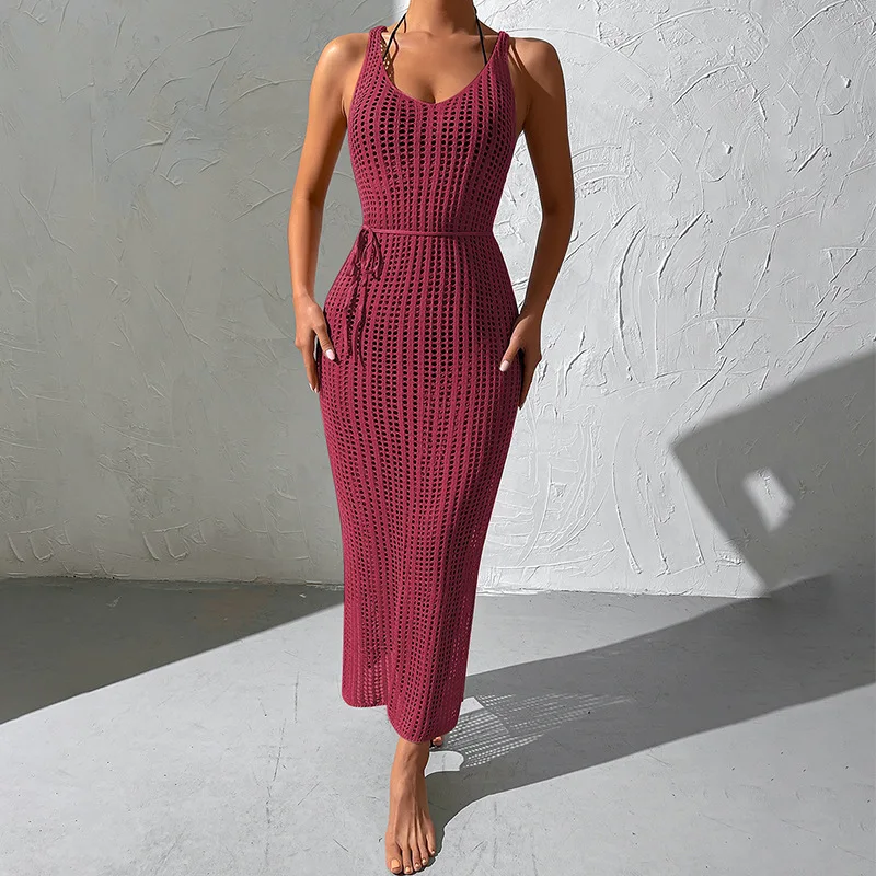 女性の夏のセクシーな中空アウトニットビーチカバーアップ両面スリットドレス女性ビーチウェアラウンドネックノースリーブ服