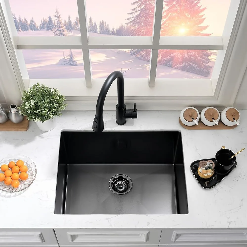 حوض غسيل من الفولاذ المقاوم للصدأ باللون الأسود غير اللامع مقاس 24 × 19 بوصة مع مقياس 16 لغرفة المرافق