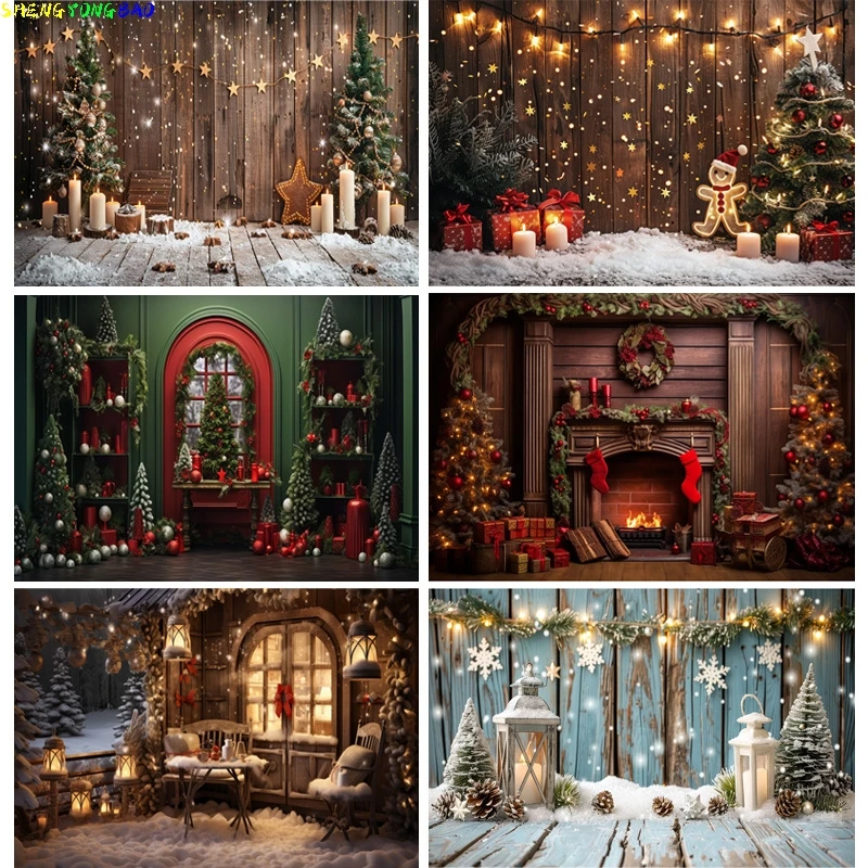 

Christmas Tree With Gift Boxes Photography Backdrops Winter Snow Decorations Wooden Door Fireplace Room Background Props WR-11