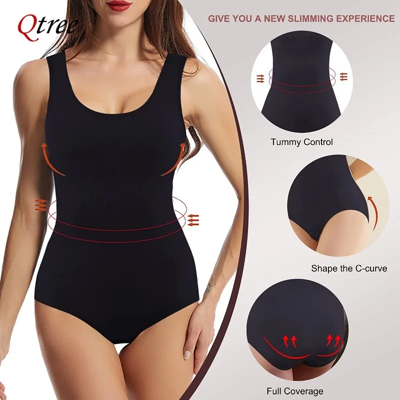 Qtree Women Seamless Shapewear Bodysuit Tummy Control Full Body Shaper Panties Waist Trainer Slimming Hooks Leotard Jumpsuits