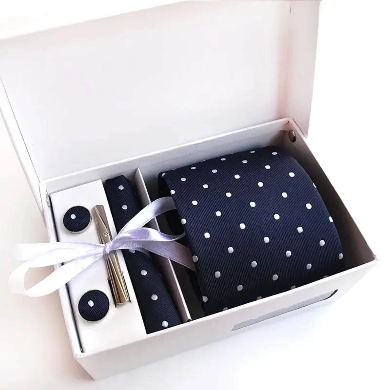 Men's Polka Dot Formal Tie Gift Set- 6 Pieces Including Tie, Square Scarf, Cufflinks, Tie Clip in White Gift Box & Bag