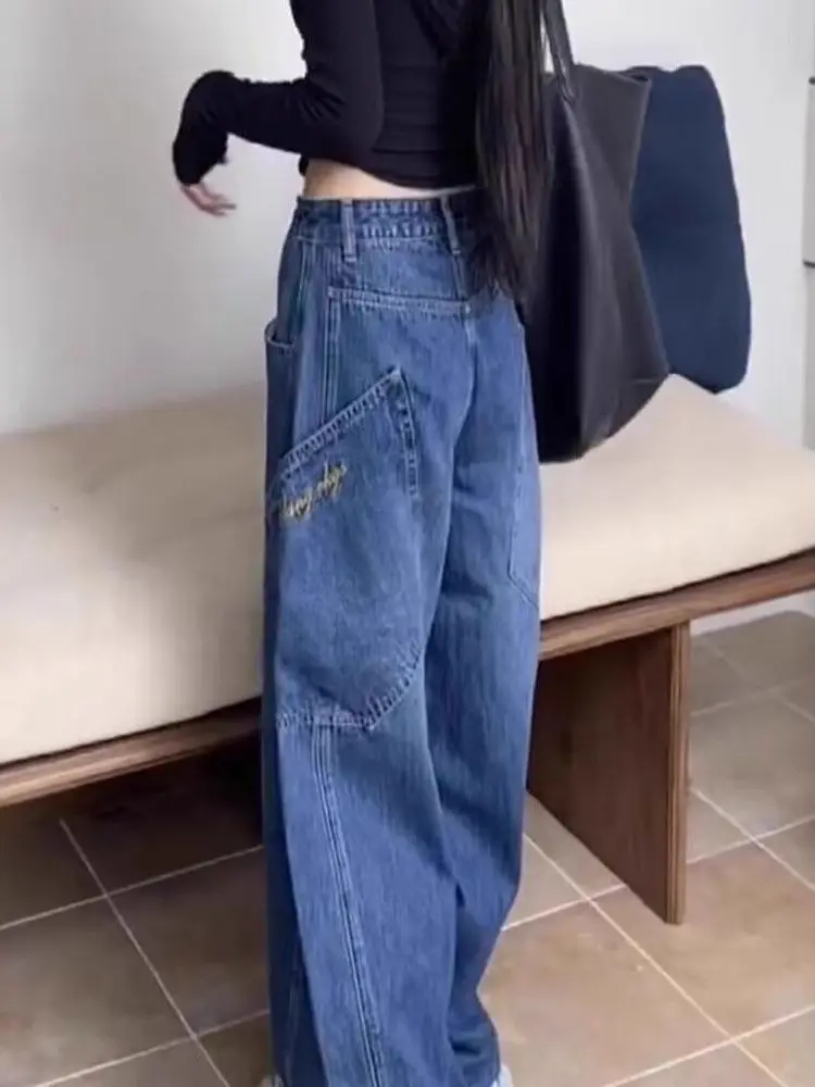 

Женские джинсовые брюки с большим ножом в стиле ретро, подходят для груши, свободные модные джинсы с широкими штанинами и вышивкой в стиле ретро