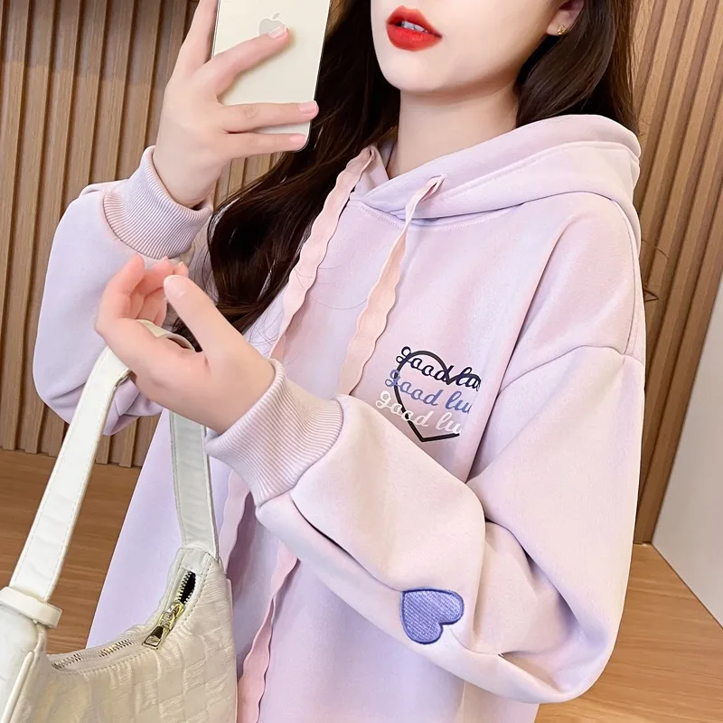 2024 Autumn New Versatile Casual Loose Korean Style Chic Letter Printed Loving Heart Embroidered Hoodie Sweatshirt