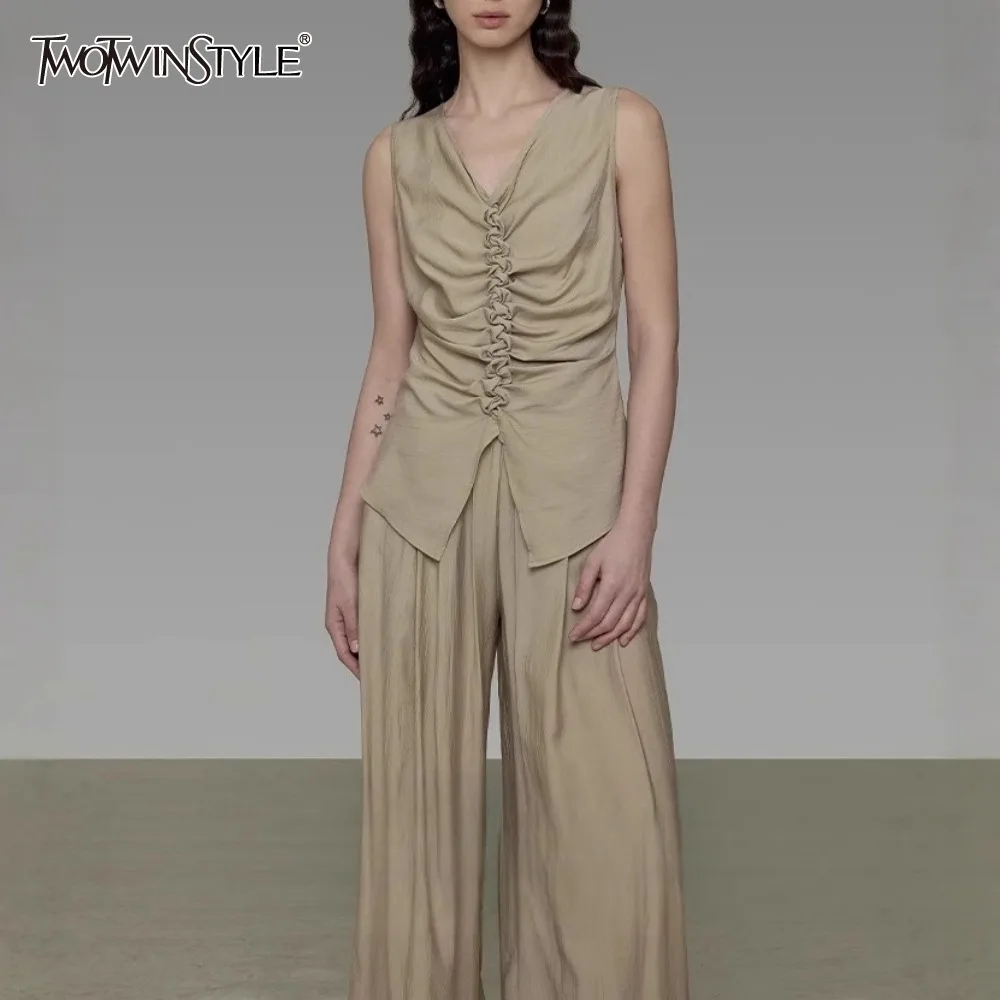 

TWOTWINSTYLE Khaki Spliced Folded Two Piece Set Female V Neck Sleeveless Tank Top Temprament Women's Pants Sets Summer Fashion